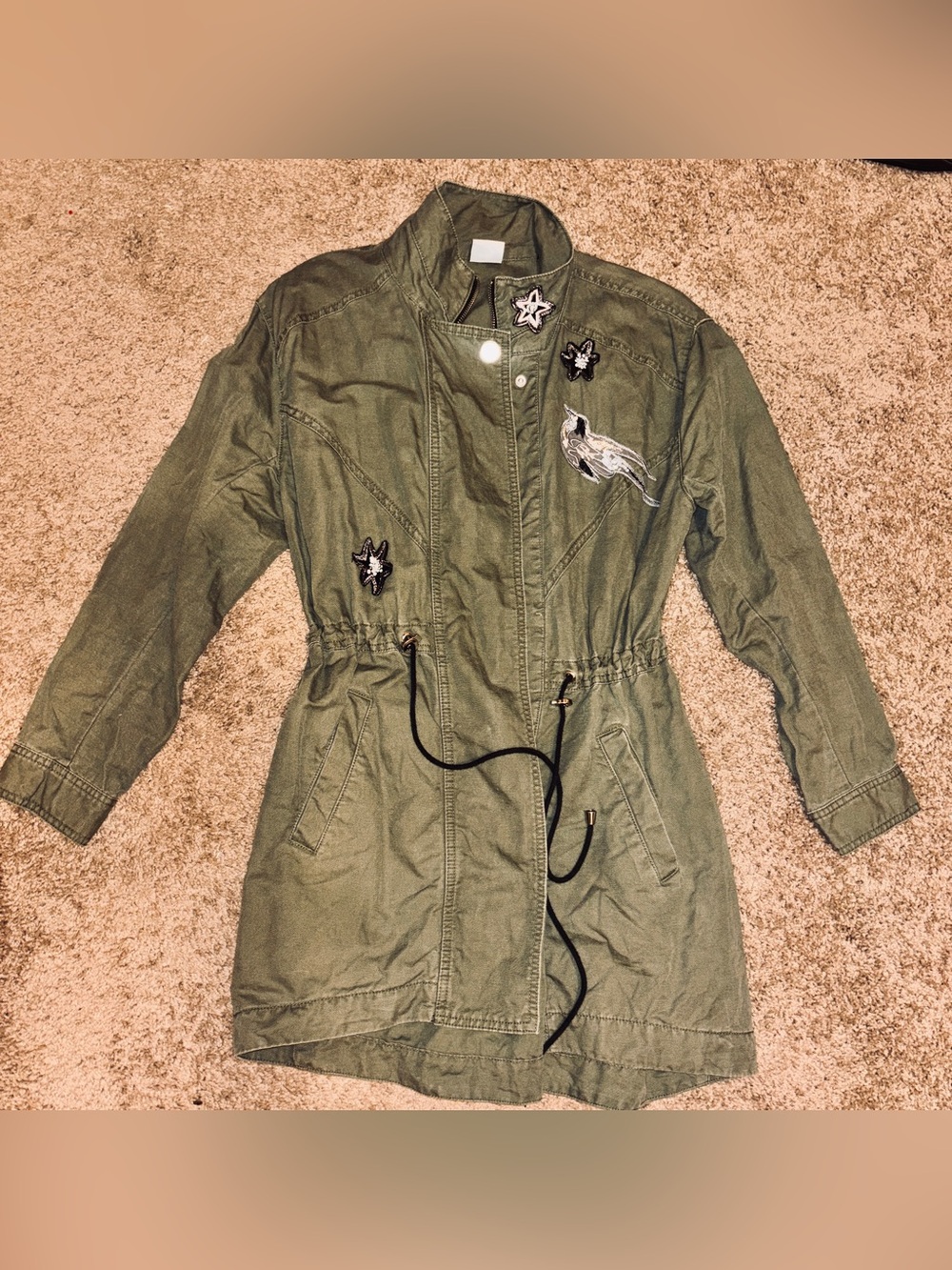 CAbi Olive Green Embroidered Drawstring Utility Jacket